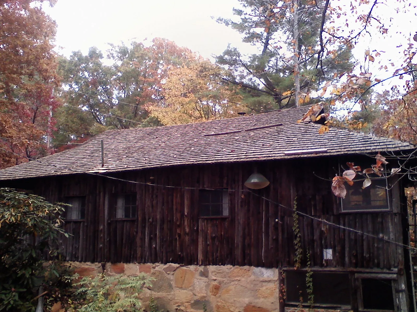 Weathered wood shake roof on a rustic board sided cabin in Vienna